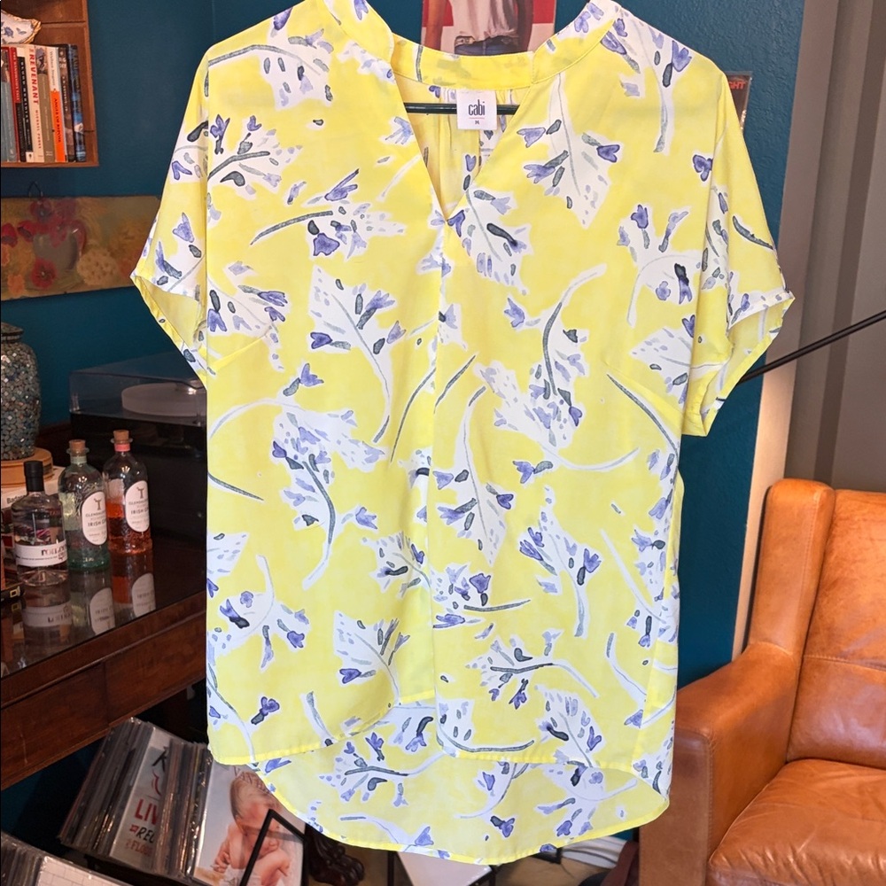 CAbi Yellow and Blue Floral Blouse